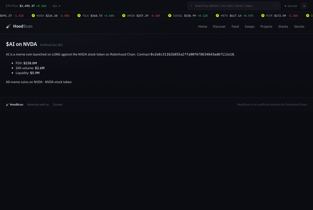 A meme coin's token page on HoodScan, titled with the coin and the stock it is anchored to, showing FDV, volume, liquidity and a price chart